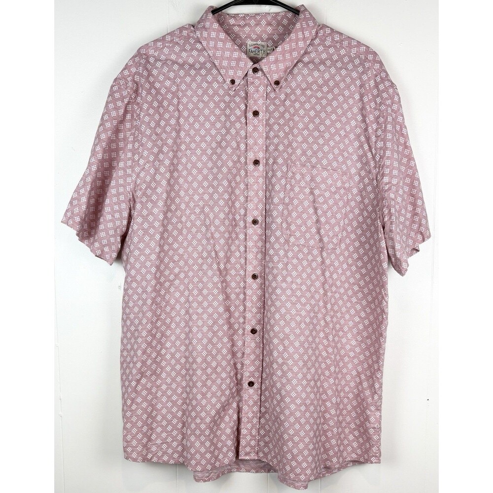 Faherty Men's Shirt Button Down Short Sleeve Polo Pink Pattern Cotton Tencel XXL